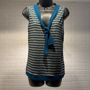 Banana Republic Petite Tank Top Sleeveless Blouse Tie Neck Teal Zigzag